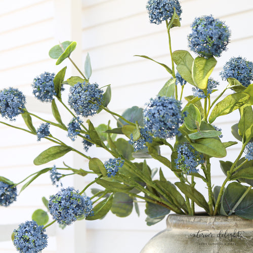 Blue Snowball Spray - a 26-inch faux floral stem with lush blue blooms, perfect for home decor and event styling.
