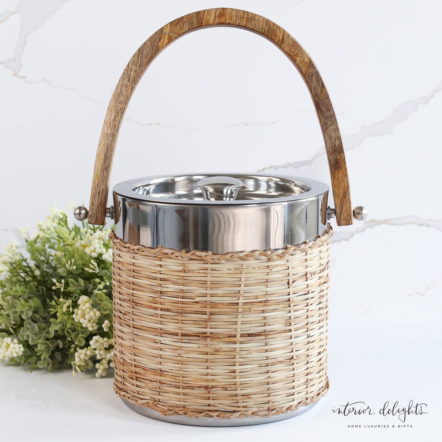 Woven Ice Bucket with Mango Wood Handle