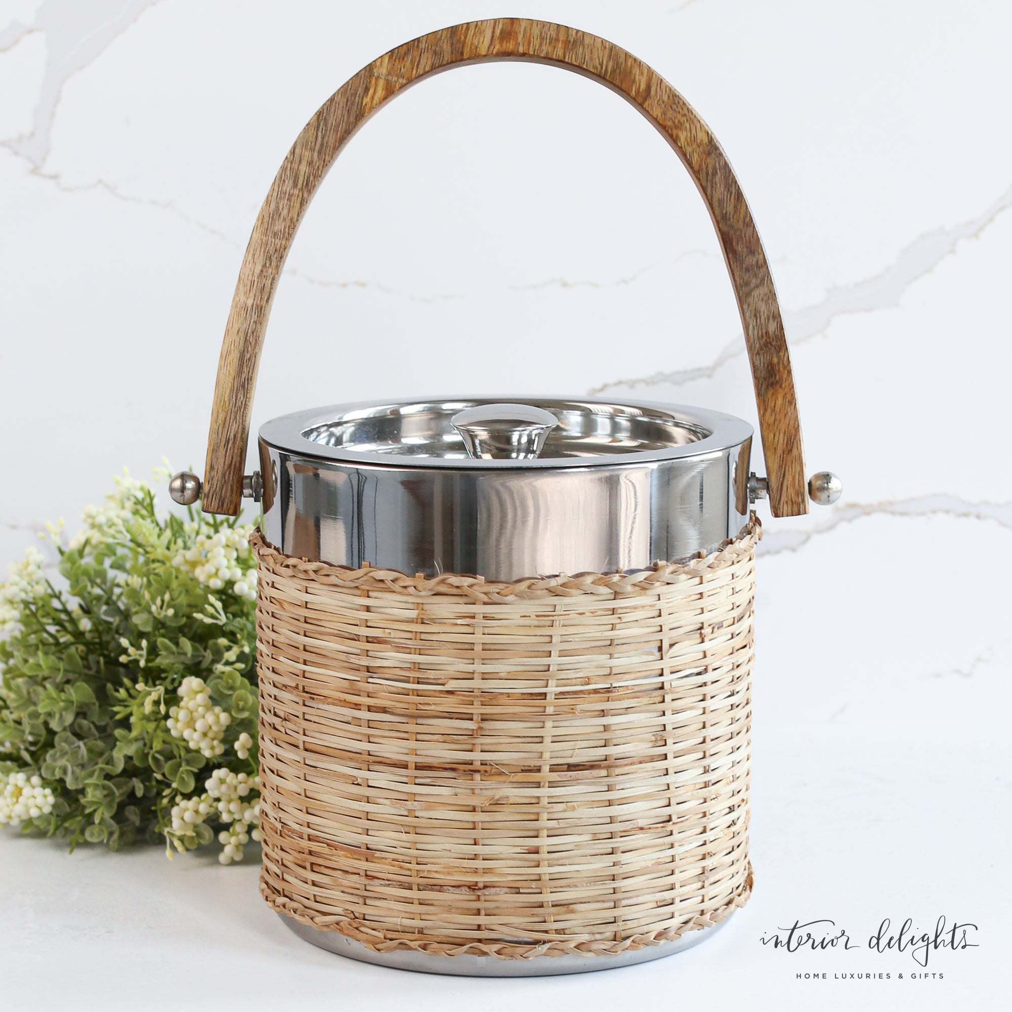 Woven Ice Bucket with Mango Wood Handle