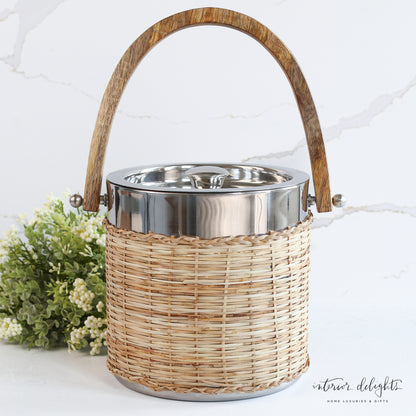 Woven Ice Bucket with Mango Wood Handle