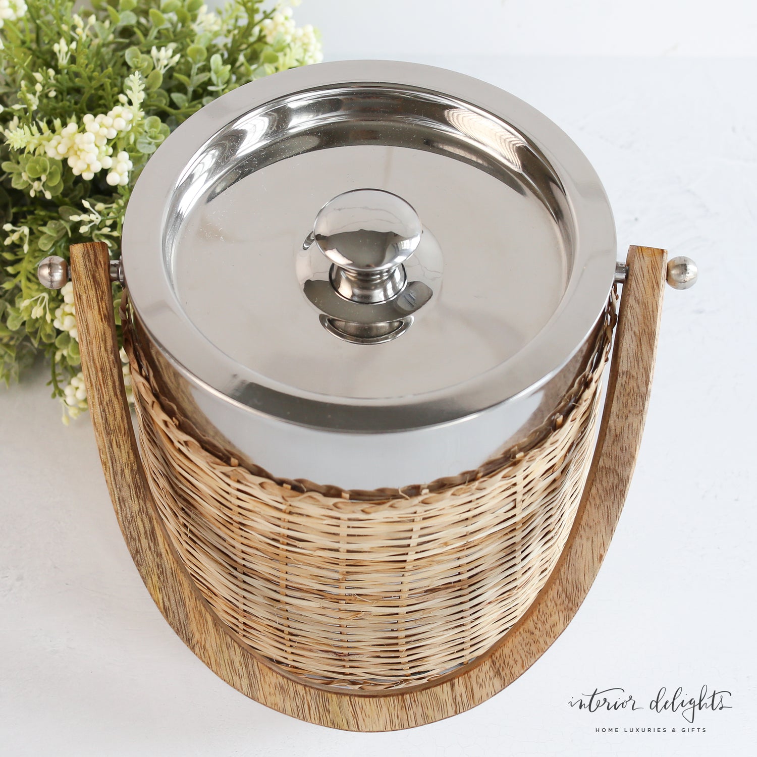 Woven Ice Bucket with Mango Wood Handle
