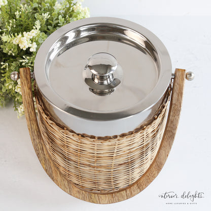 Woven Ice Bucket with Mango Wood Handle