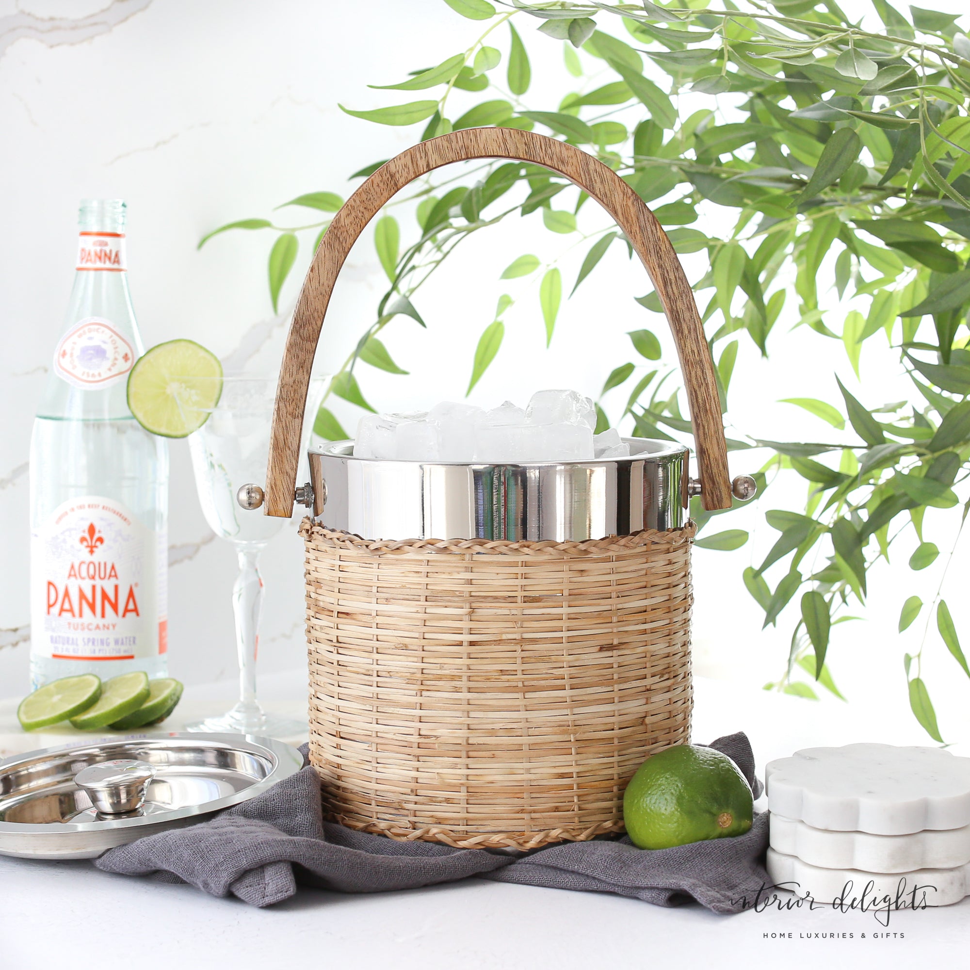 Woven Ice Bucket with Mango Wood Handle