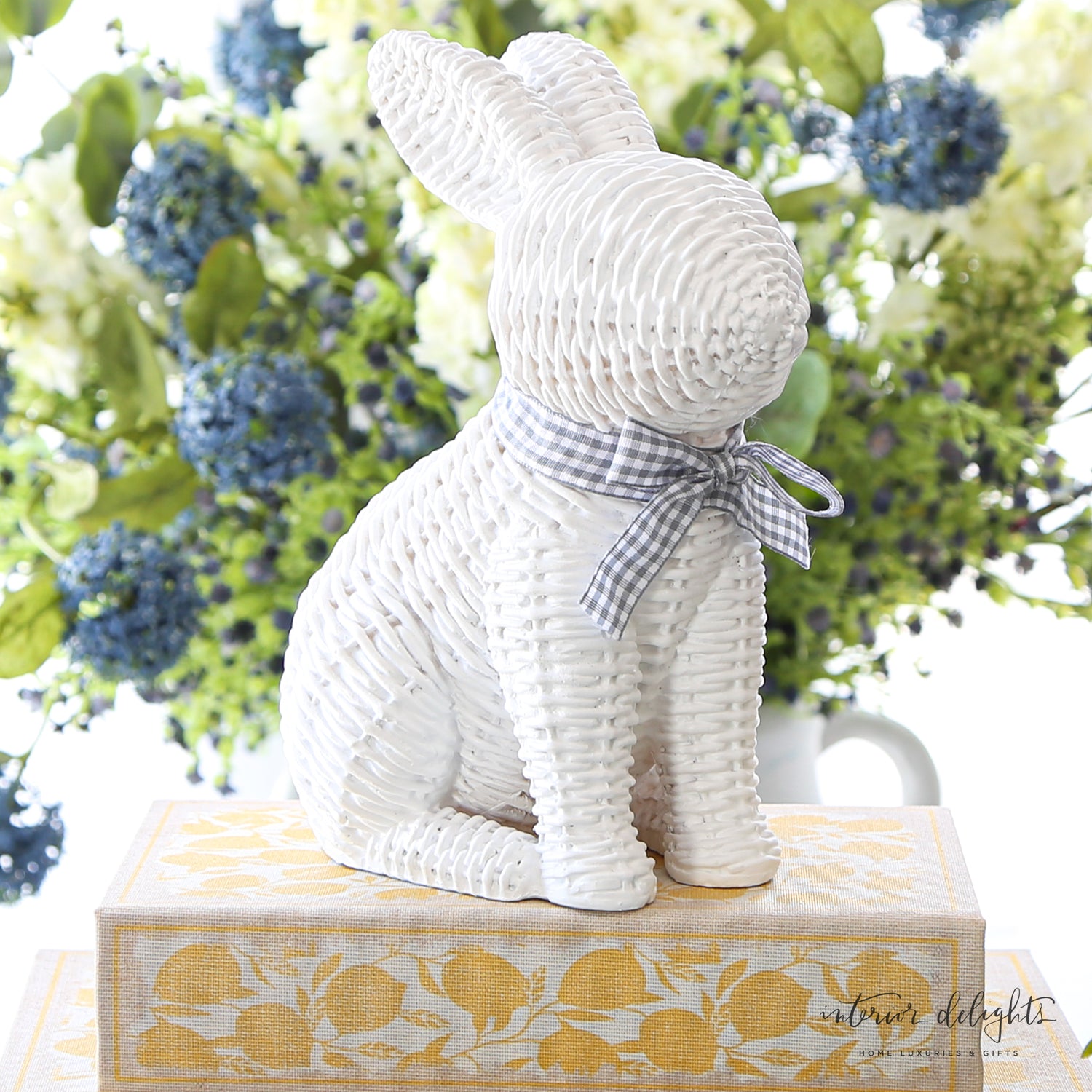 White Willow Bunnies with Gingham Ribbon- Set of 2