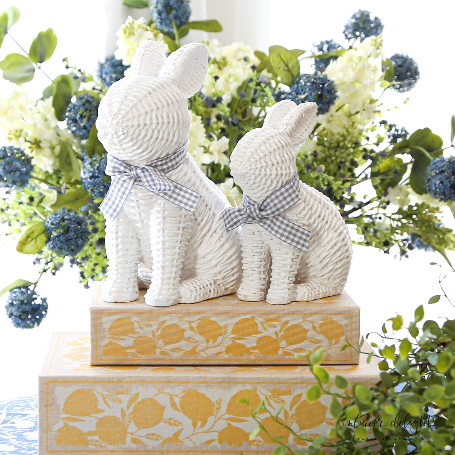 White Willow Bunnies with Gingham Ribbon- Set of 2