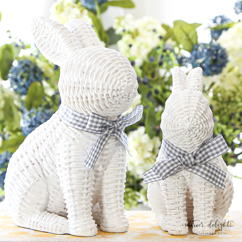 White Willow Bunnies with Gingham Ribbon - Set of 2, showcasing two charming resin bunnies perfect for spring decor.