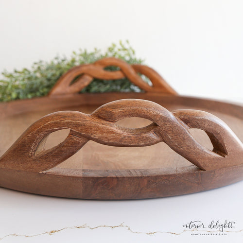 Wood Braided Handle Tray showcasing intricate craftsmanship and a unique braided handle design.