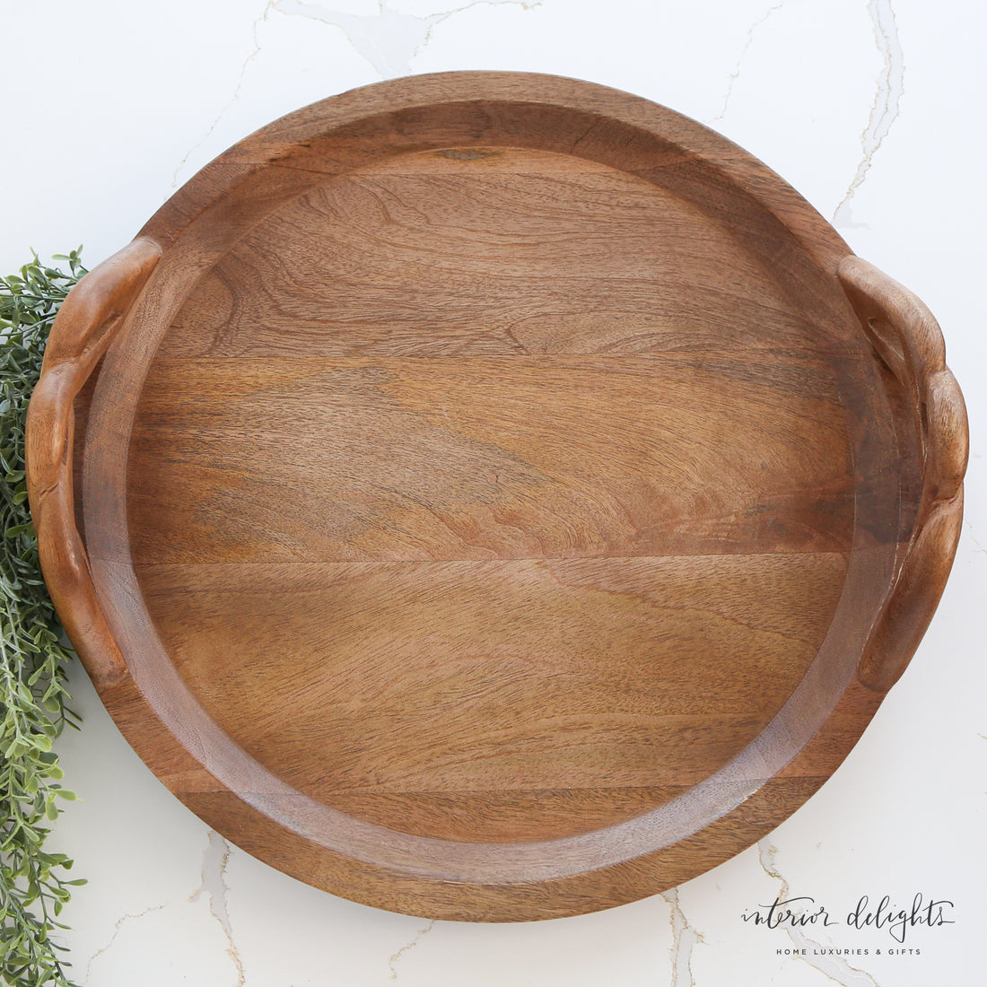 Top view of the Wood Braided Handle Tray displaying its exquisite wood grain and ideal for decorative displays.