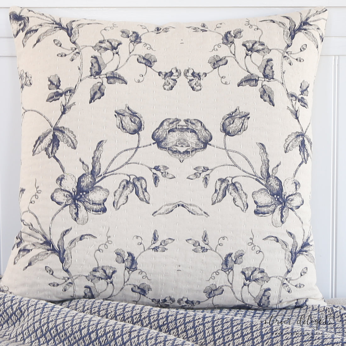 Close-up of the Cotton and Linen Square Pillow showcasing the soft texture and floral design.