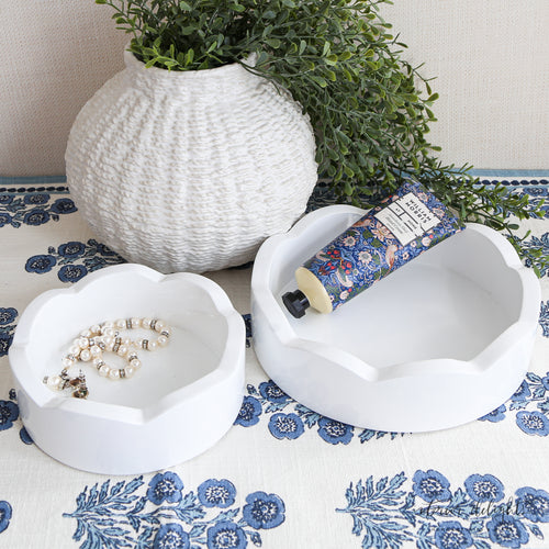 Mini Scalloped Tray Set-Final Sale featuring two charming wood trays with delicate scalloped edges in crisp white, perfect for candle decor or everyday essentials.