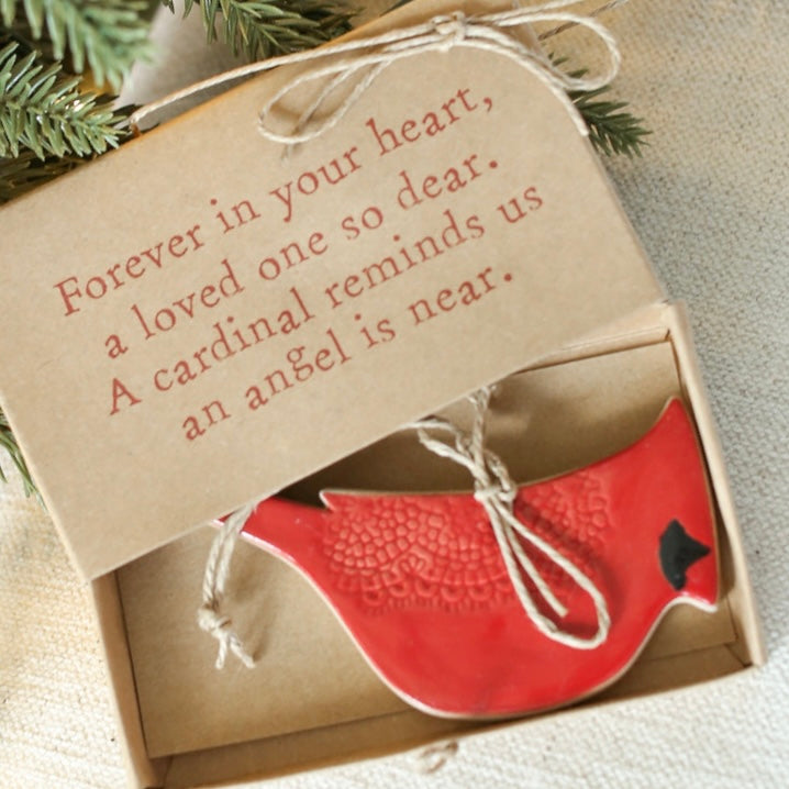 Beautiful ceramic painted cardinal ornament, perfect for holiday decor, 5 inches wide and 2.5 inches high
