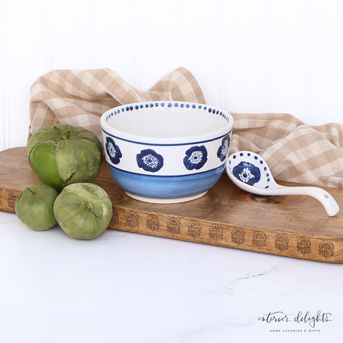 Block Print Bowl and Spoon featuring elegant blue and white design, perfect for serving salsa, dips, or condiments.