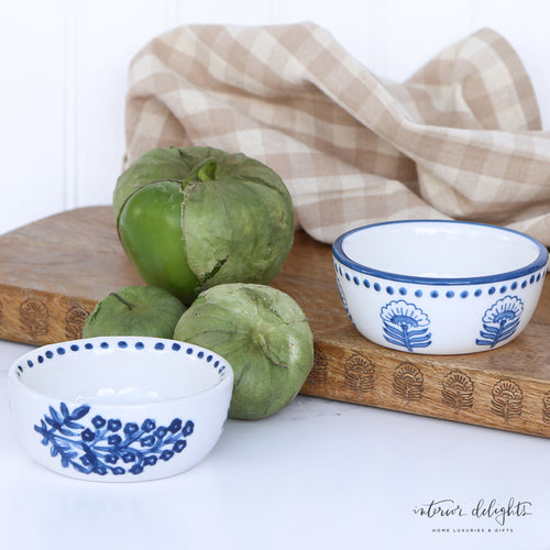 Beautiful Blooms Block Print Tidbit Dish showcasing blue and white design, perfect for jams, dips, and small treats.