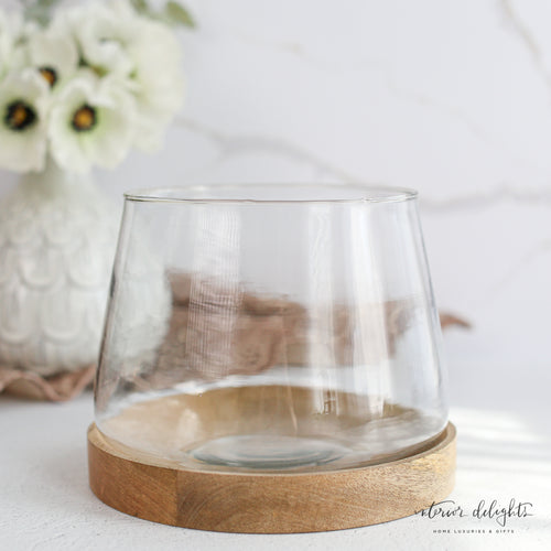 Glass Candle Holder with Wooden Base - Interior Delights