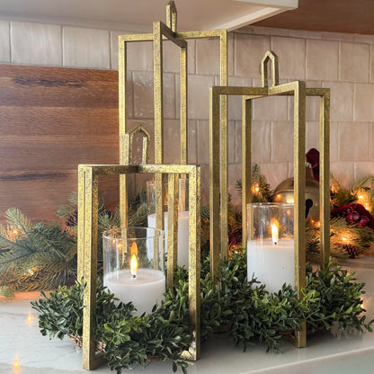 ARRANGEMENT: Gold Mod Lanterns with Flameless Candles and Boxwood Rings