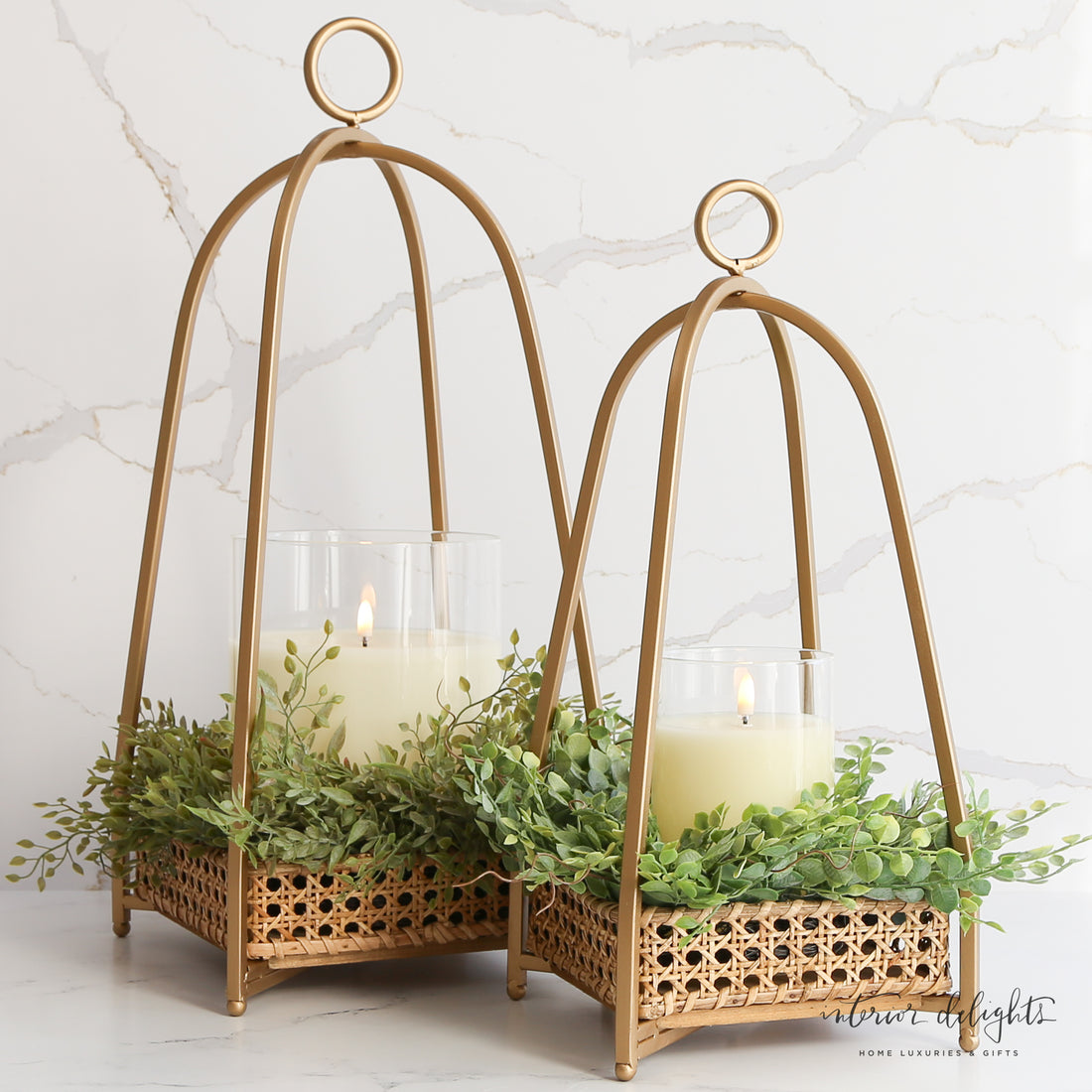 Large and small Cane Tray Lanterns - Set of 2, convenient for seasonal styling and easy storage.