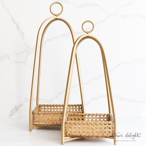Cane Tray Lanterns - Set of 2 showcasing elegant open-weave cane design and gold metal finish, perfect for home decor.