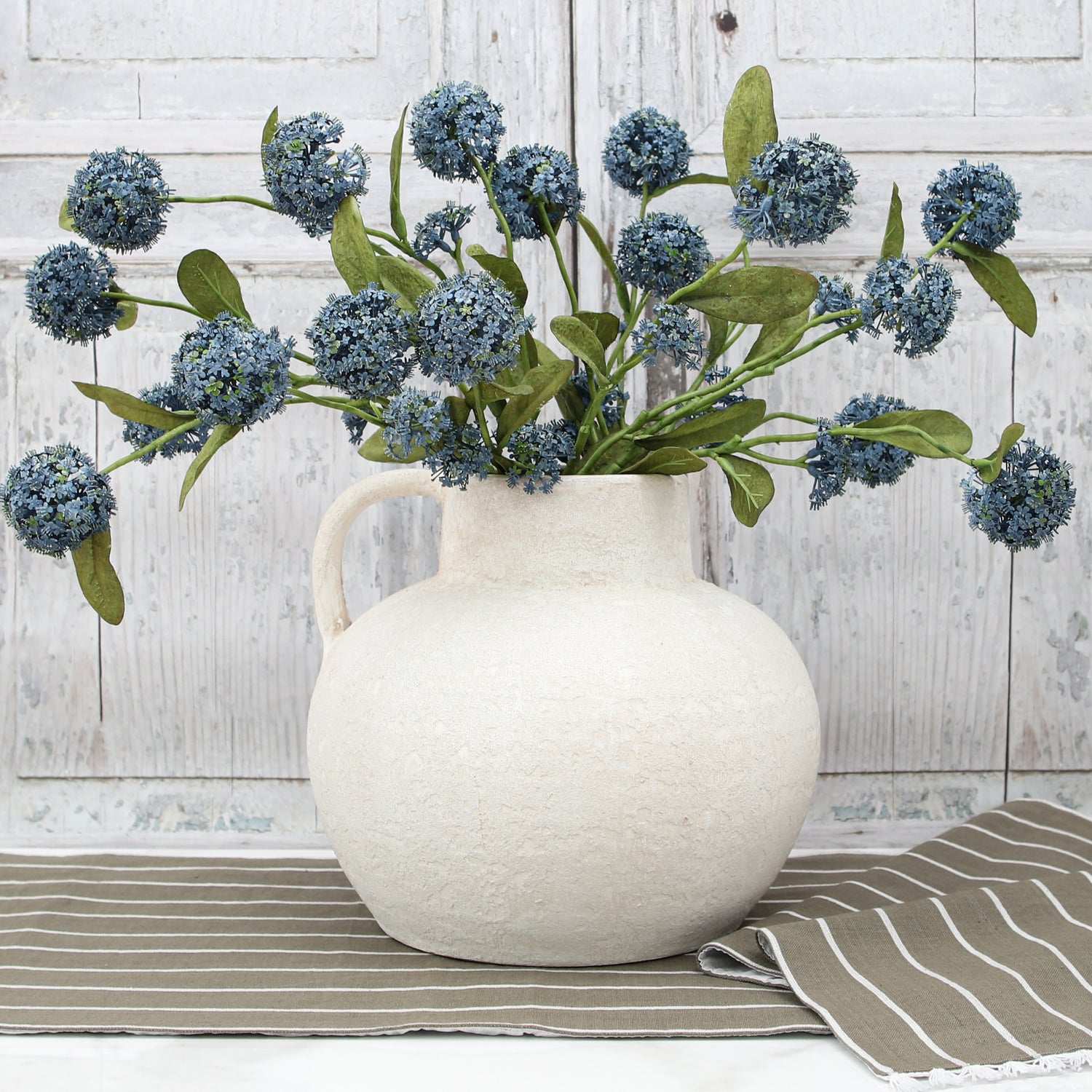 Luxe Vase and Blue Snowball Spray Arrangement
