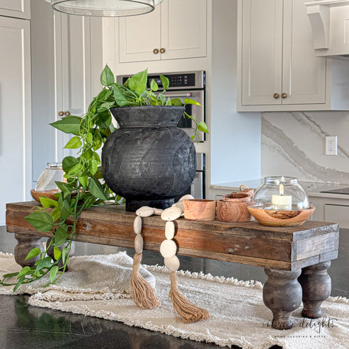Rustic Footed Wood Riser showcasing its unique weathered finish and dimensions.