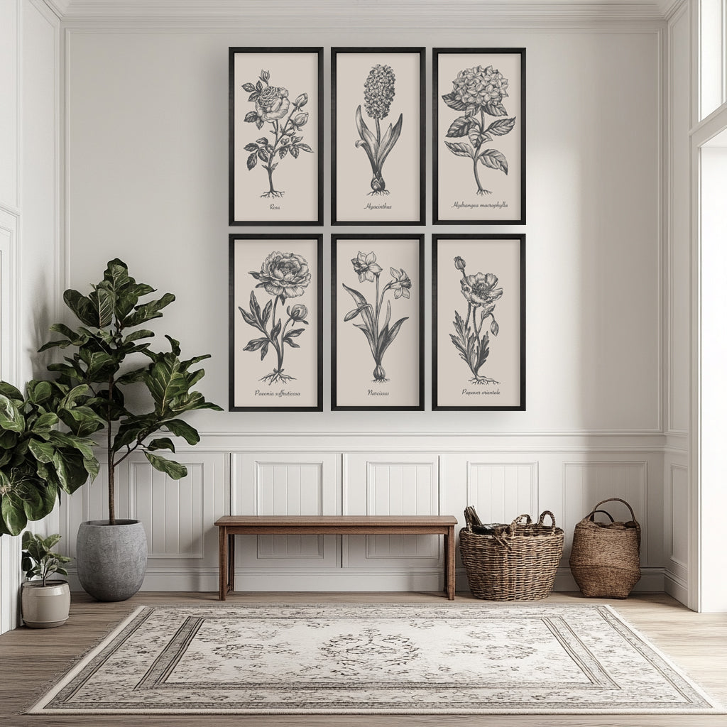 35x18 Thin Black Vintage Botanicals (Set of 6)