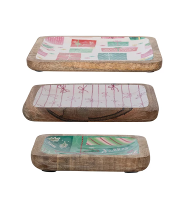 Enamel Mango Wood Trays Set Of 3 Pink and green