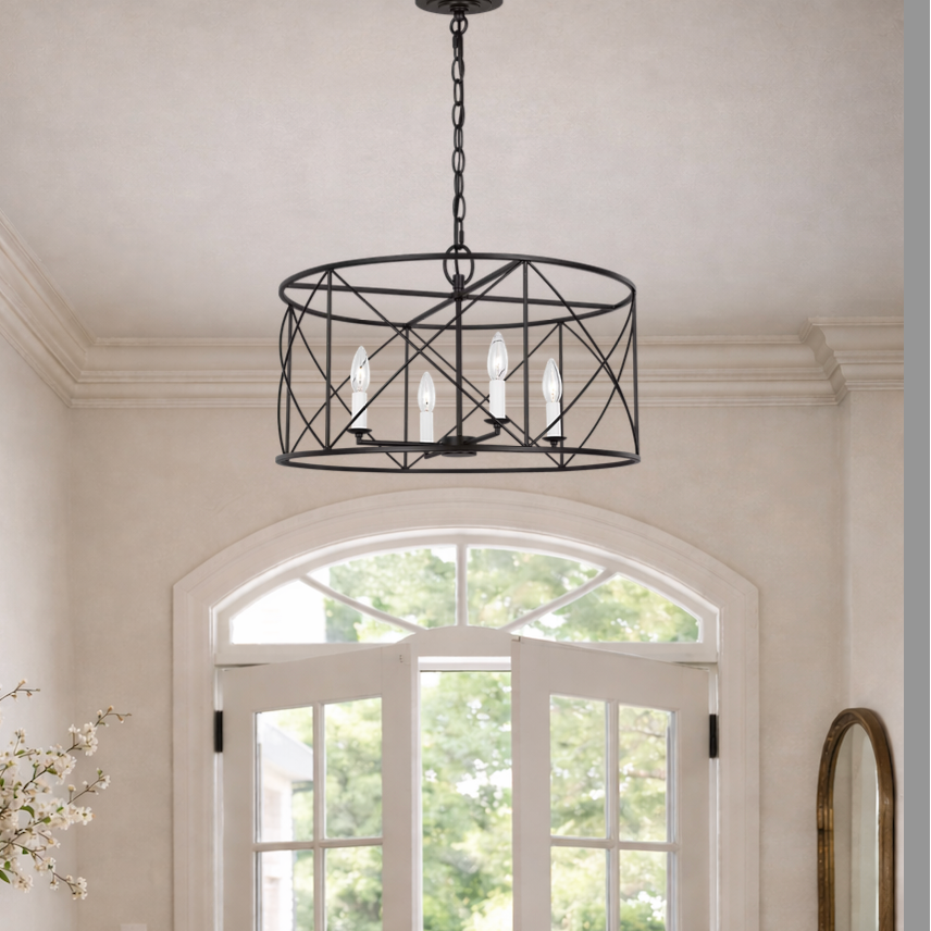 Stephanie - Aged Iron 4-Light Large Drum Chandelier - Interior Delights