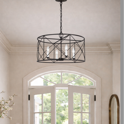 Stephanie - Aged Iron 4-Light Large Drum Chandelier - Interior Delights