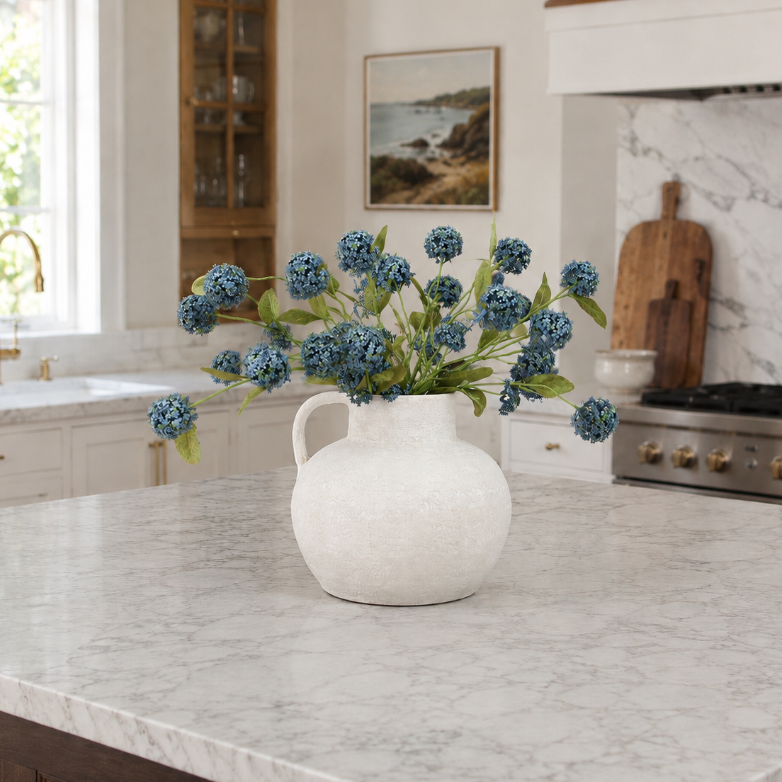Luxe Vase and Blue Snowball Spray Arrangement