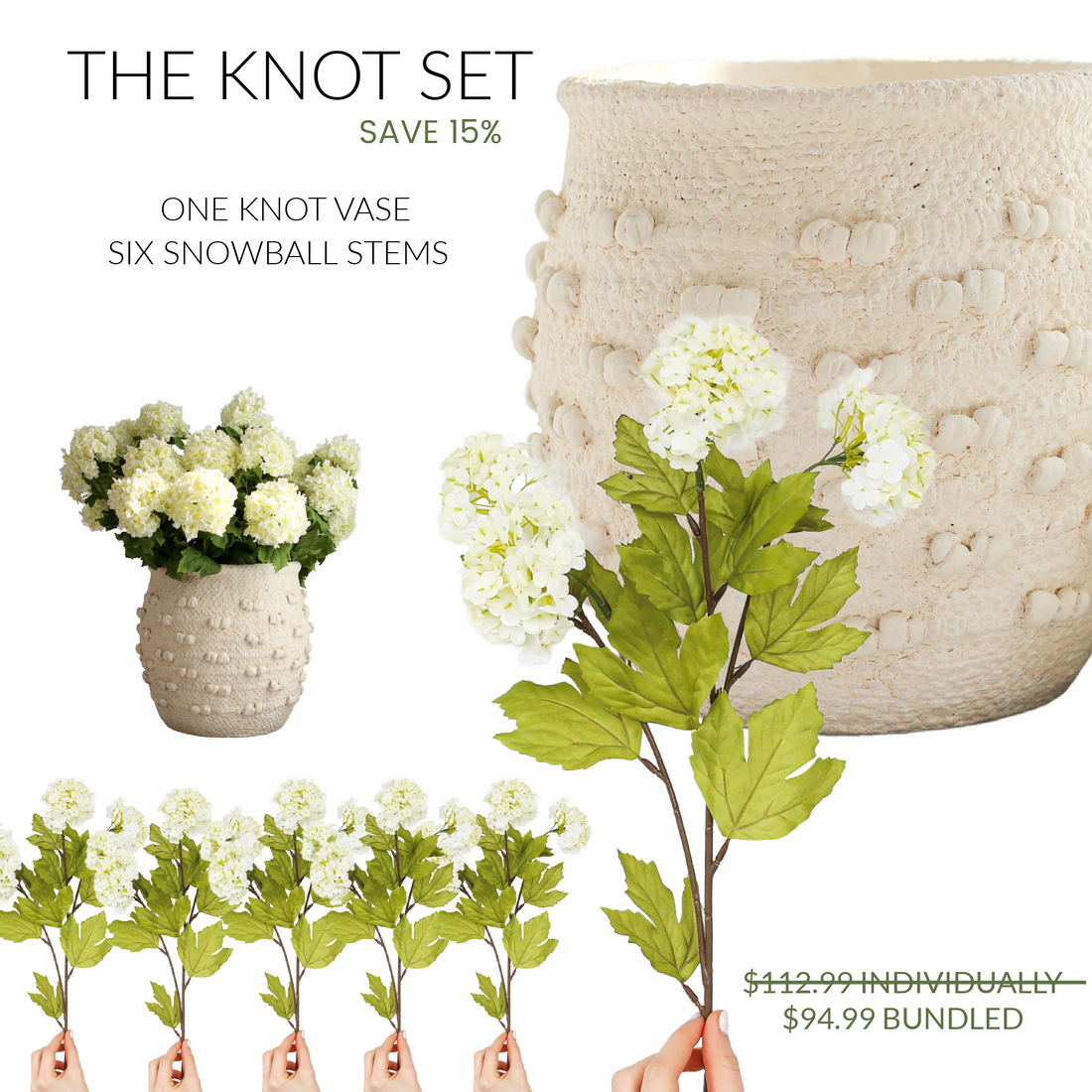 The Knot Curated Set: Cream Knot Vase + 6 Snowball Sprays