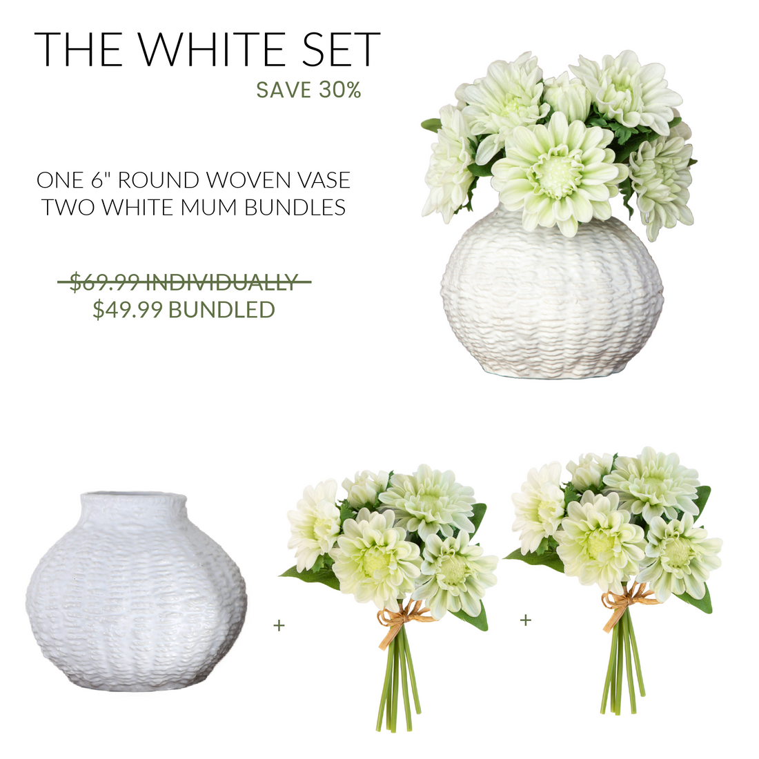Curated Set: 6&quot; Woven Ceramic Vase + Two White Mum Bundles
