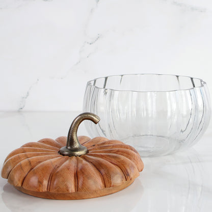 Glass Pumpkin Dishes with Wood Lids- Small or Large