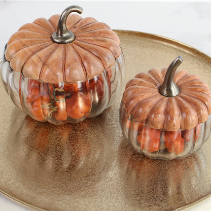 Glass Pumpkin Dishes with Wood Lids- Small or Large