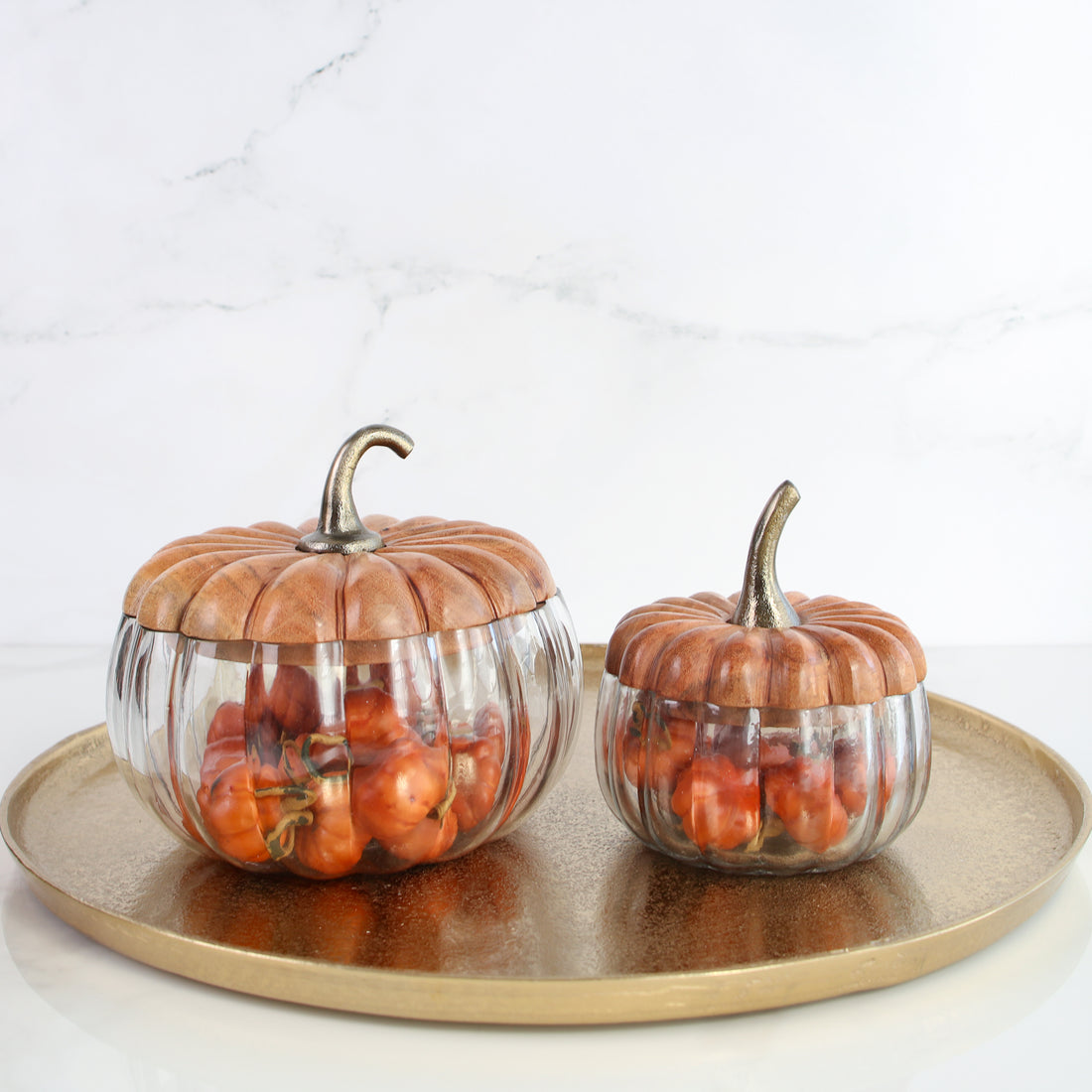 Glass Pumpkin Dishes with Wood Lids- Small or Large