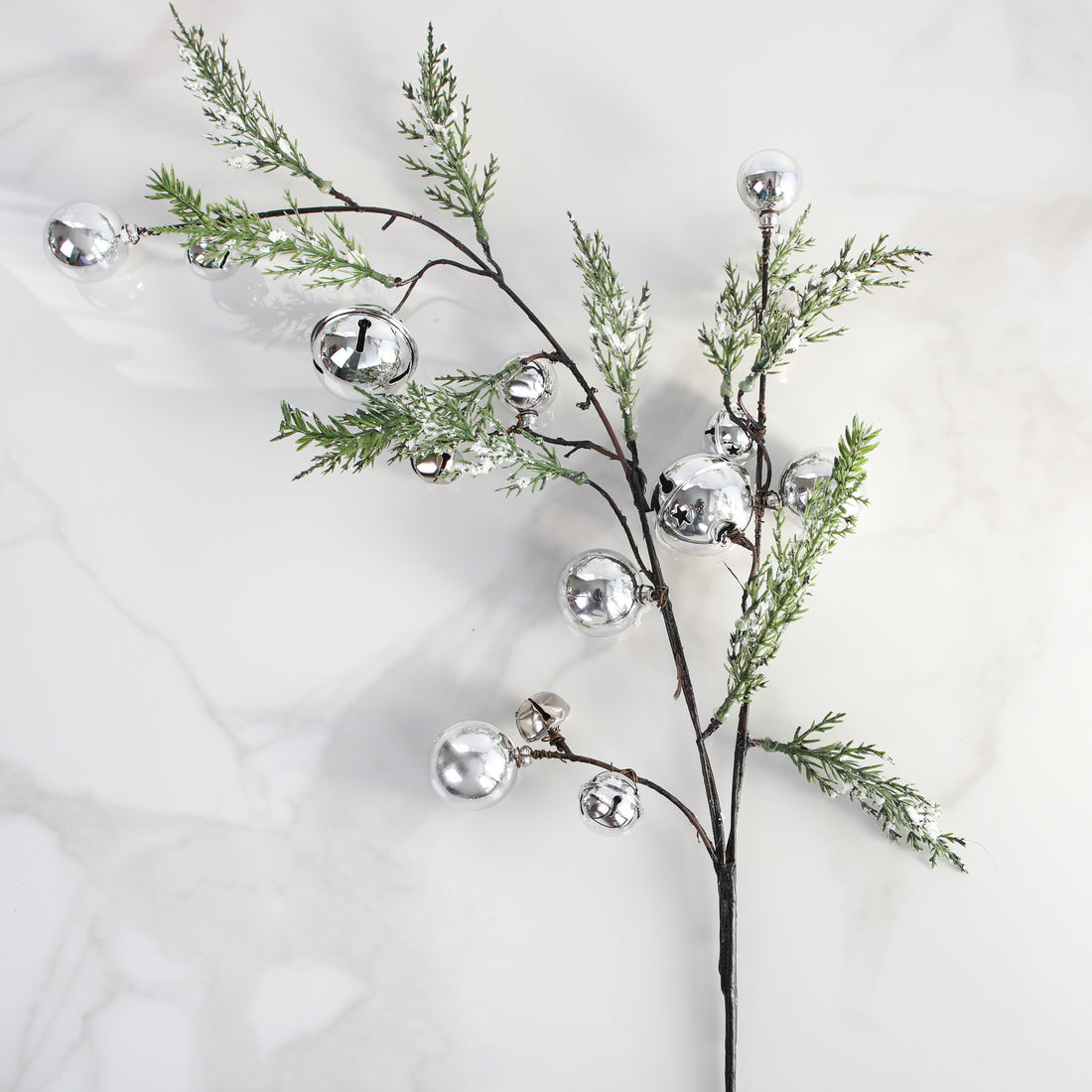 Snowy Pine Branch with Silver Bells- 24in