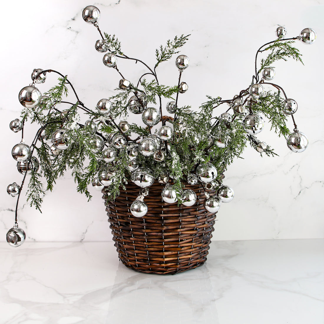 Snowy Pine Branch with Silver Bells- 24in