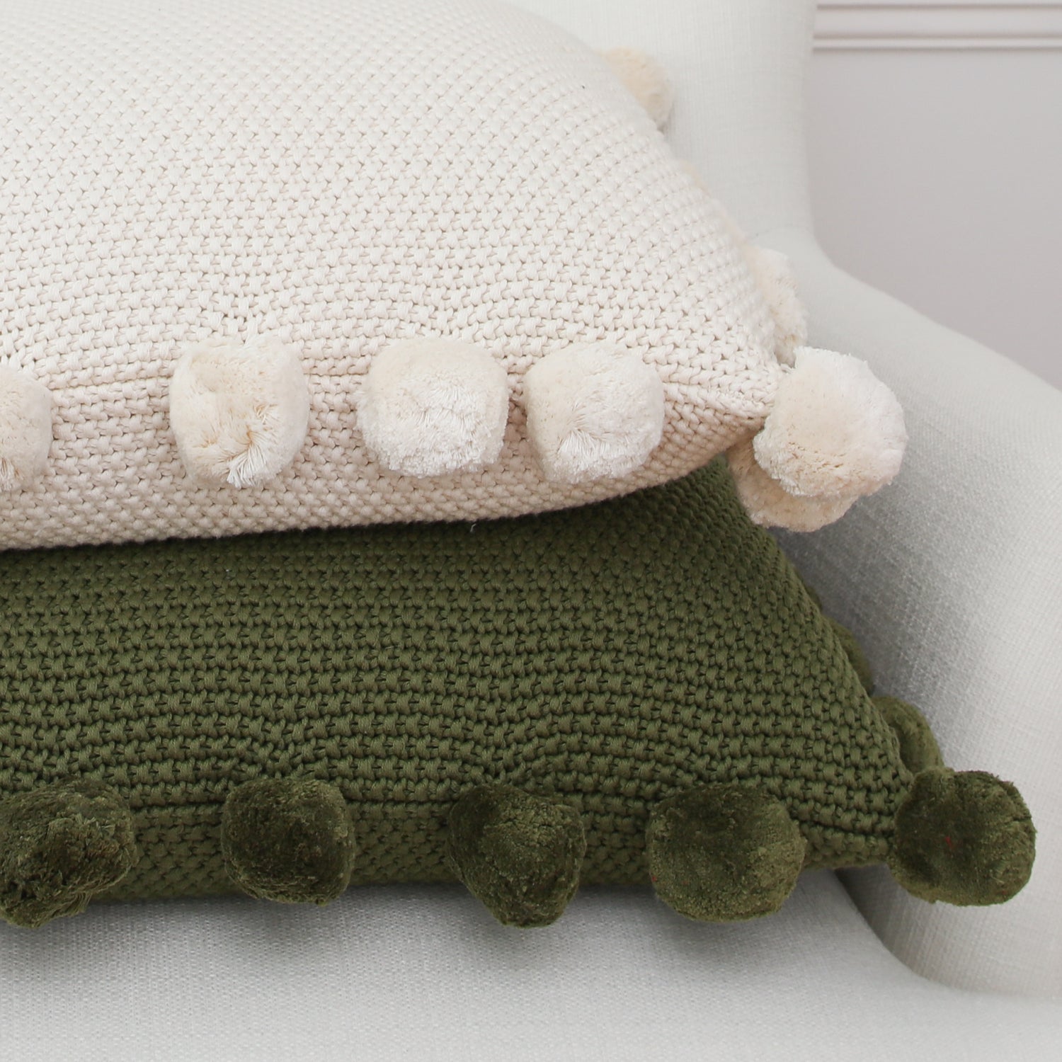 Green Knit Pillow with Pompom Trim
