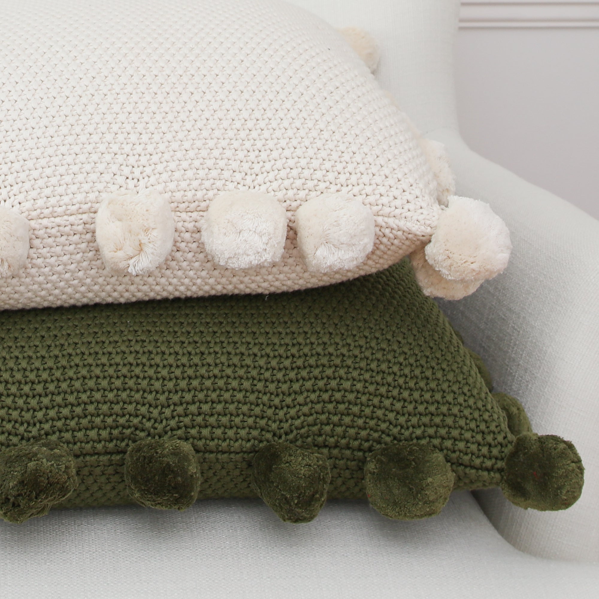 Green Knit Pillow with Pompom Trim