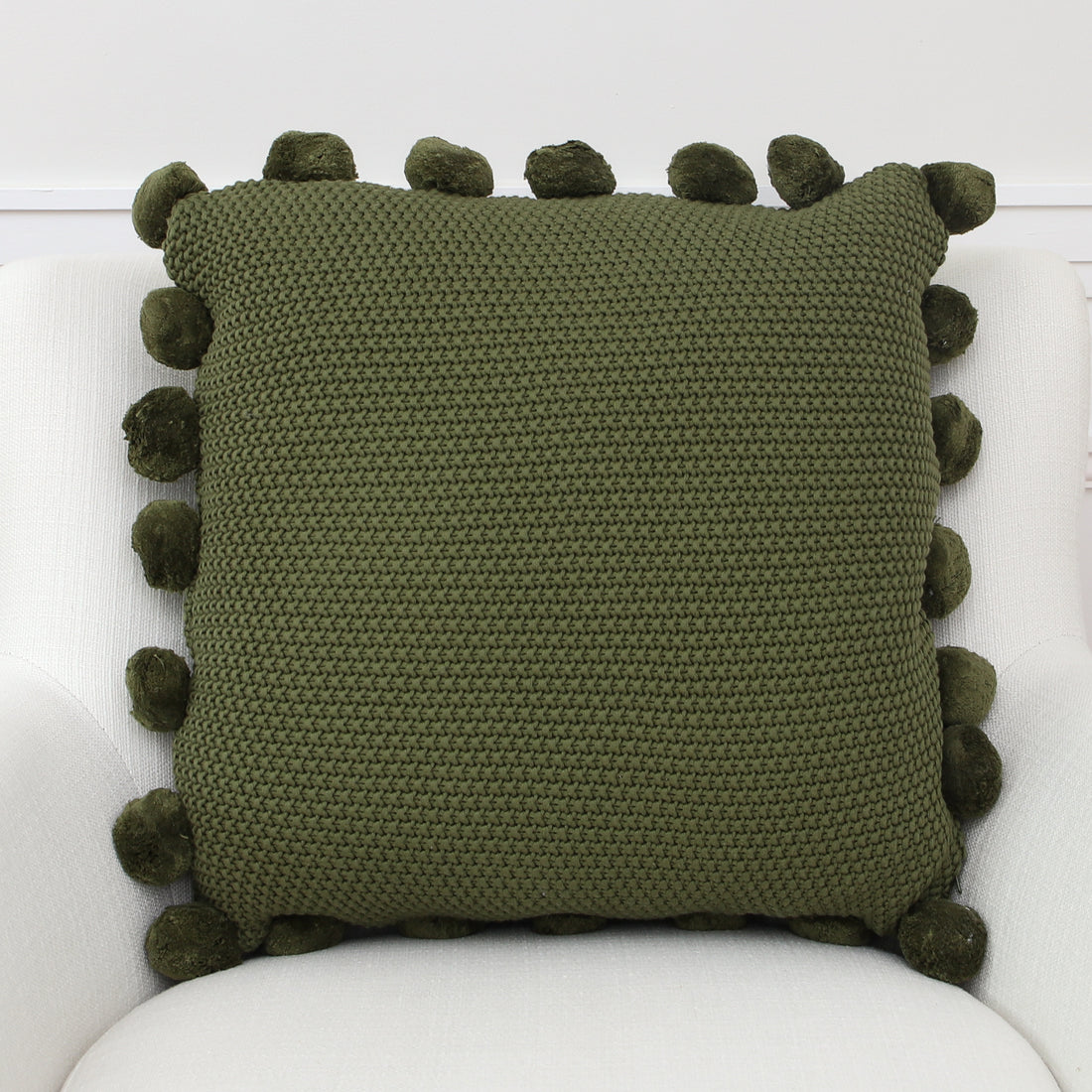 Green Knit Pillow with Pompom Trim