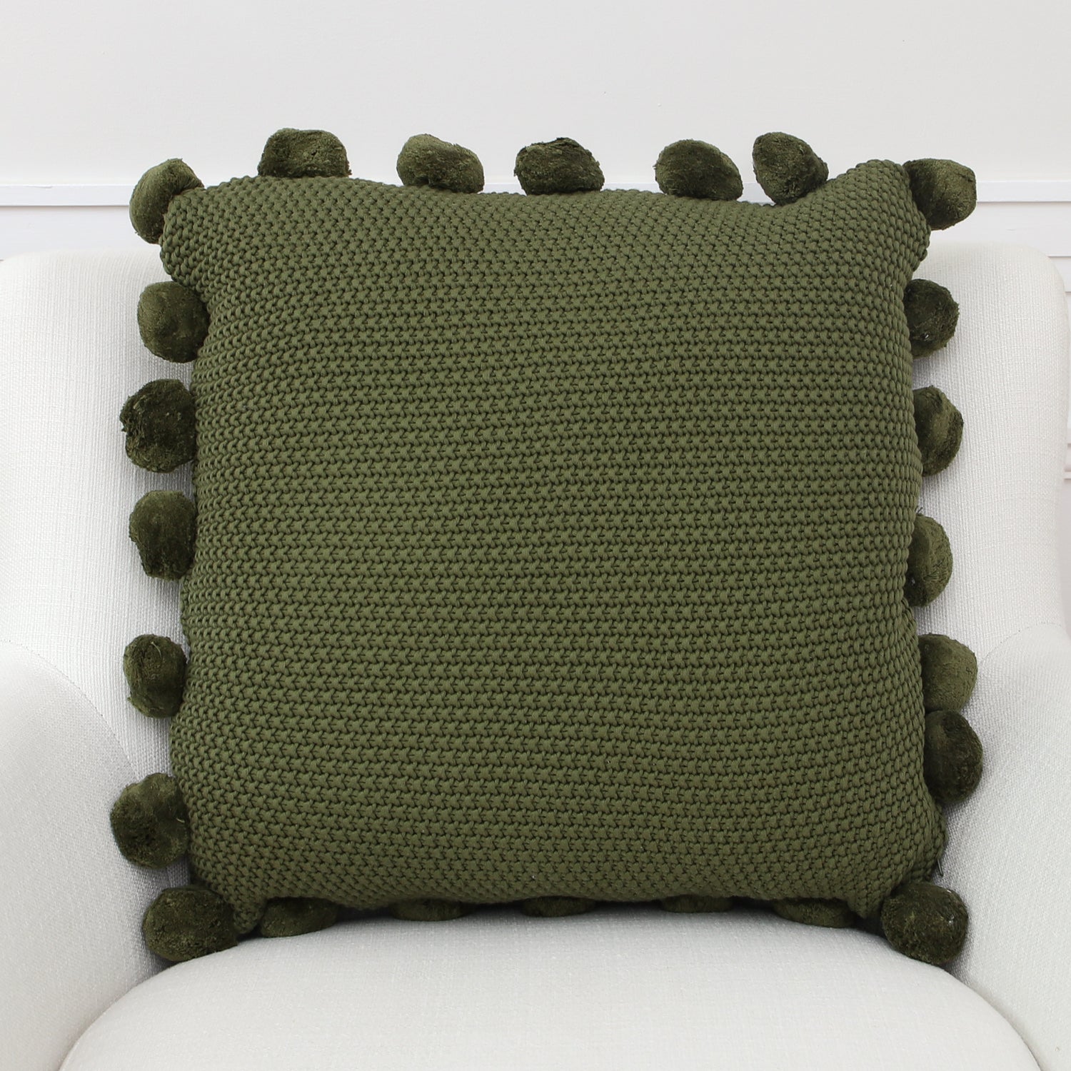 Green Knit Pillow with Pompom Trim
