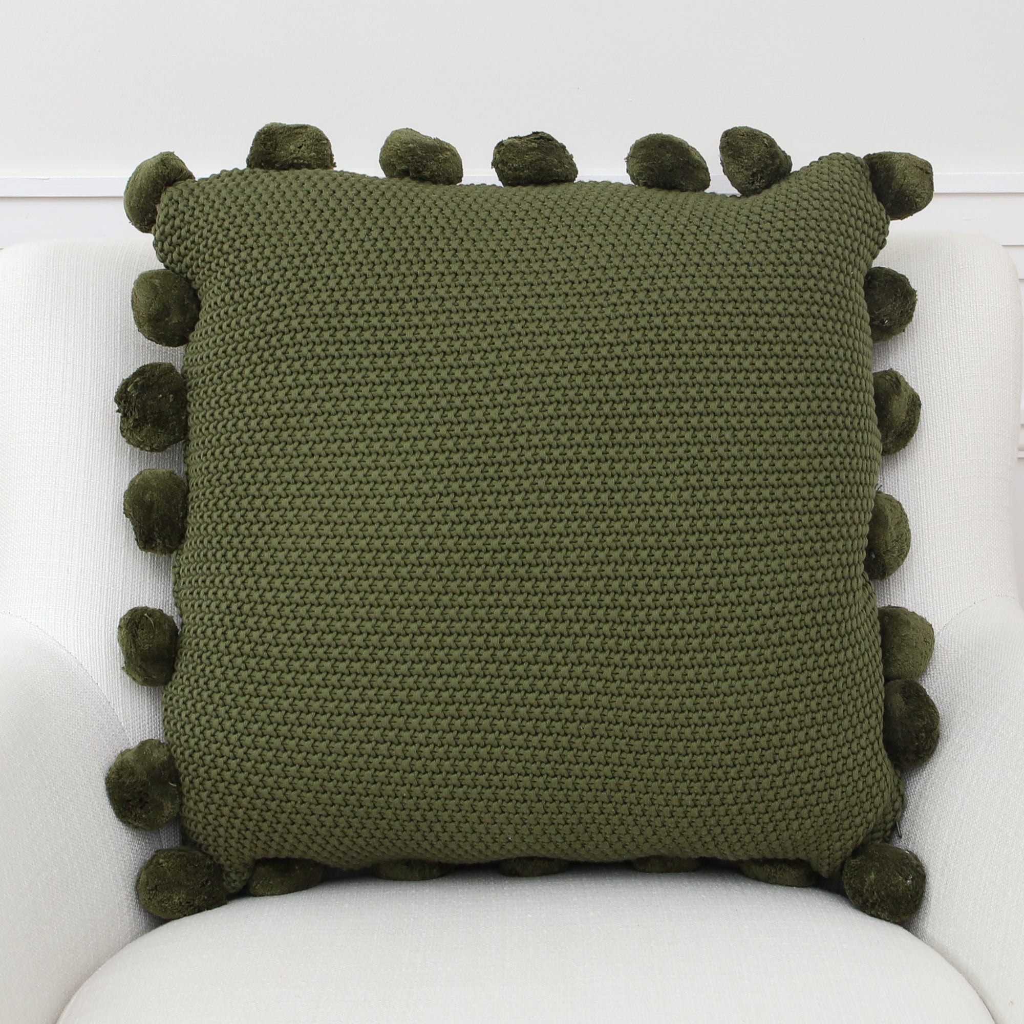 Green Knit Pillow with Pompom Trim