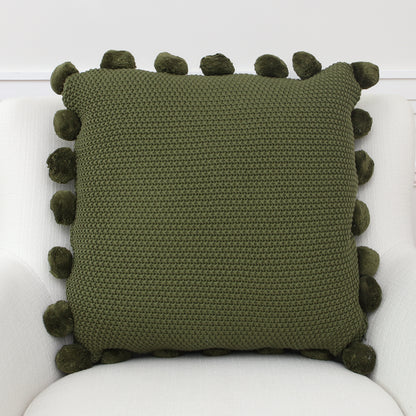 Green Knit Pillow with Pompom Trim