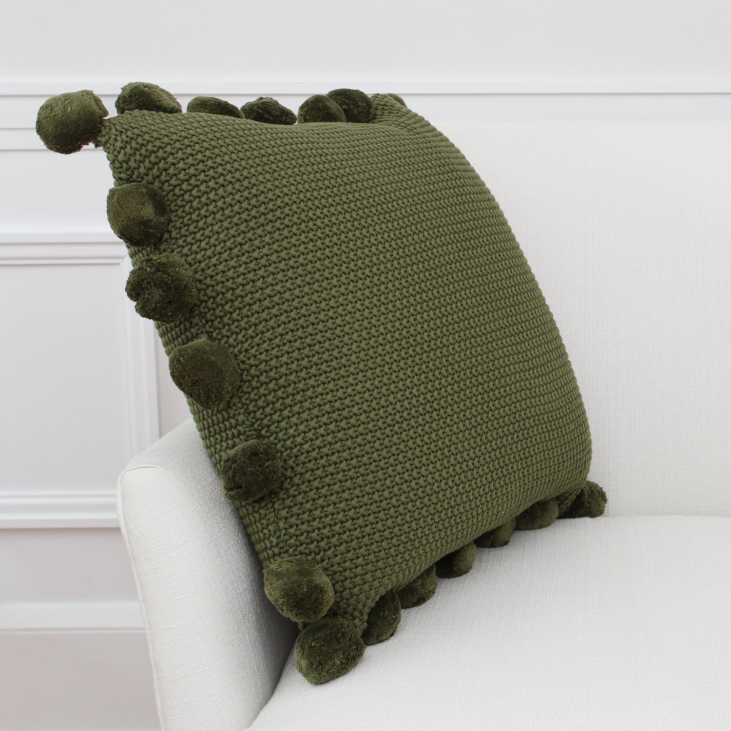 Green Knit Pillow with Pompom Trim