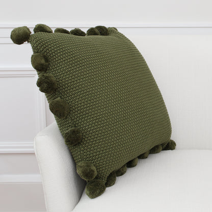 Green Knit Pillow with Pompom Trim