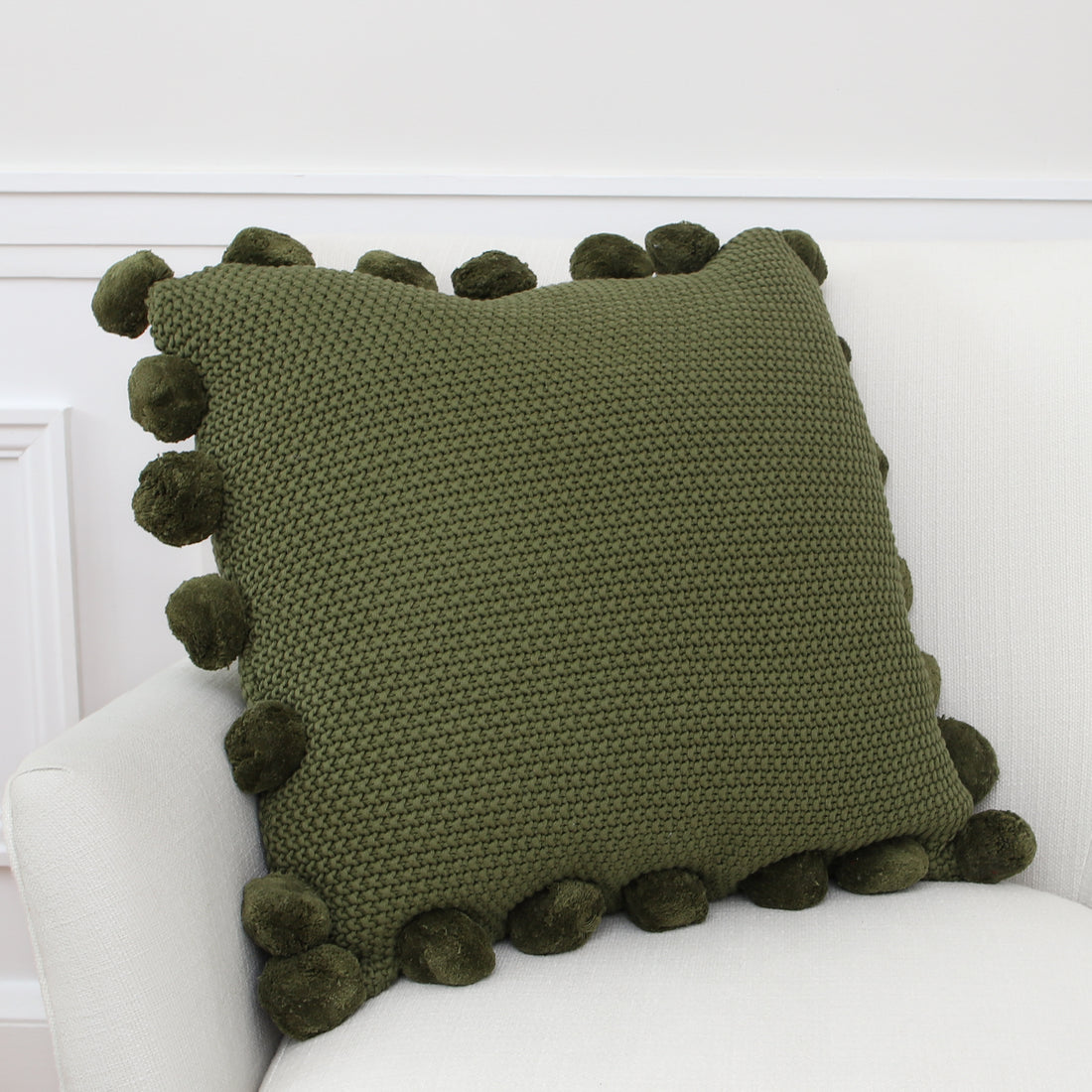 Green Knit Pillow with Pompom Trim