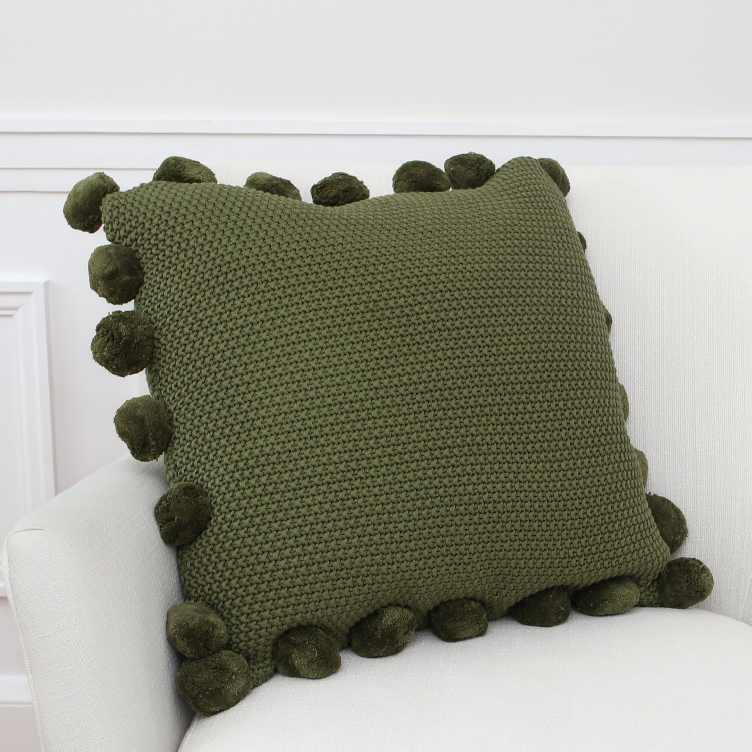 Green Knit Pillow with Pompom Trim