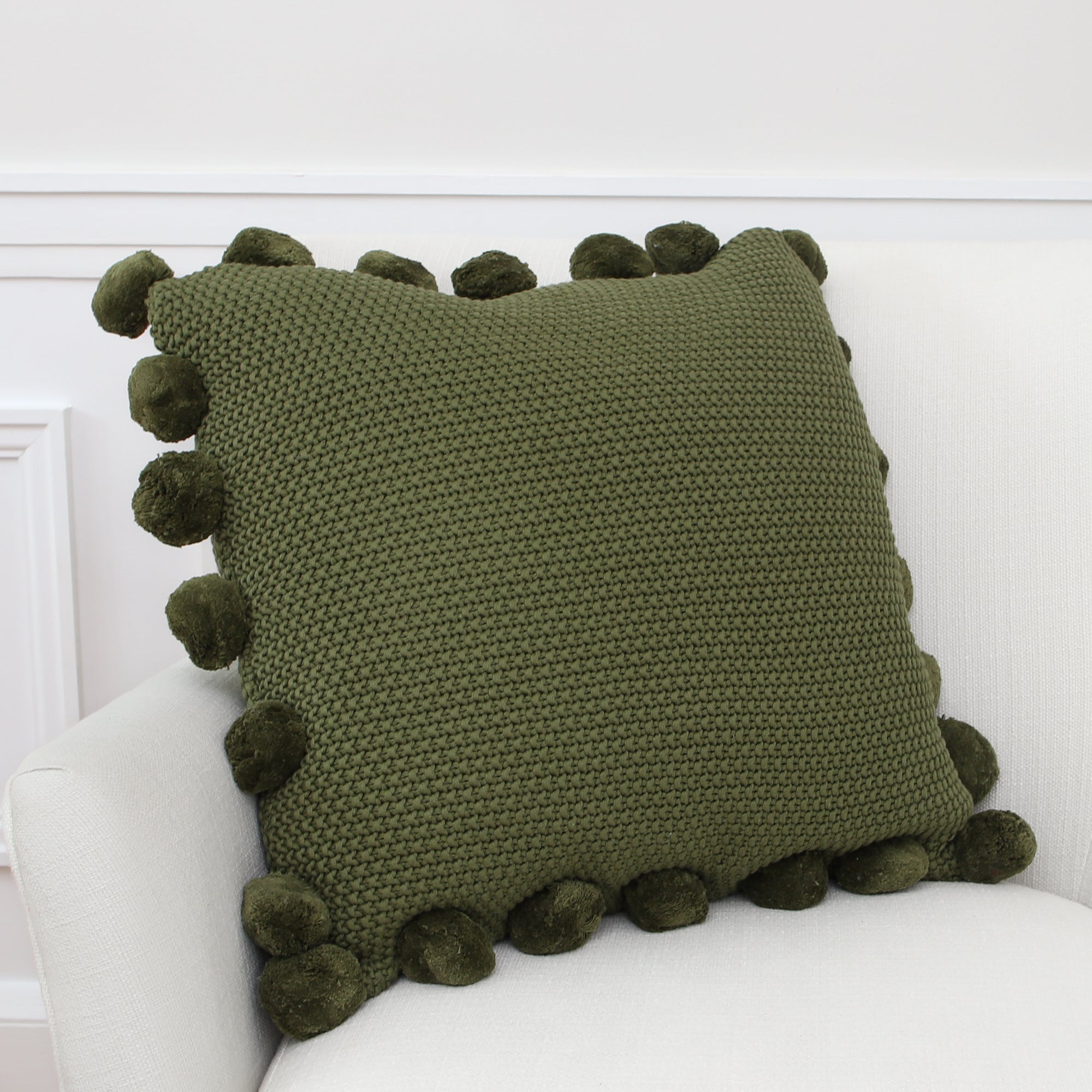 Green Knit Pillow with Pompom Trim