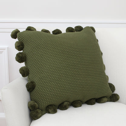 Green Knit Pillow with Pompom Trim