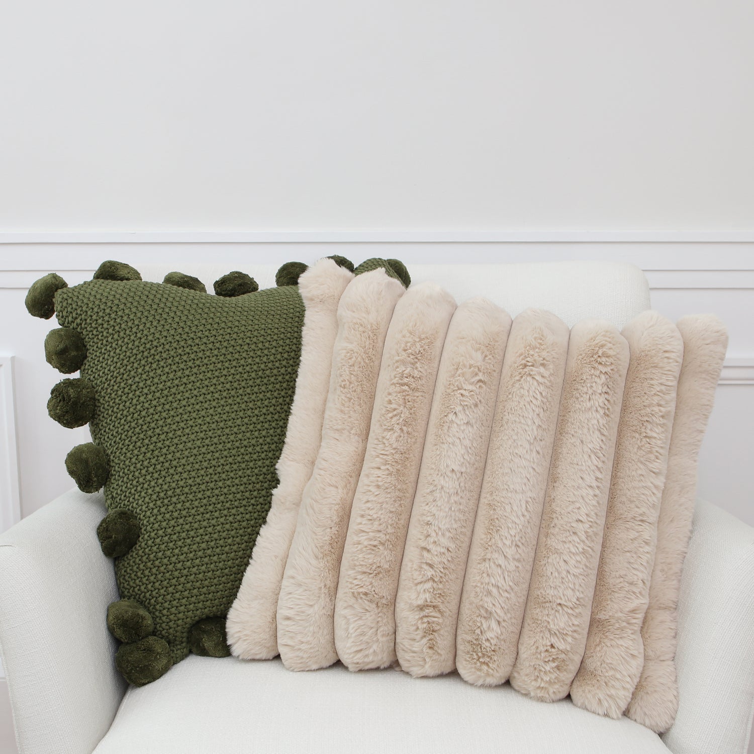 Green Knit Pillow with Pompom Trim