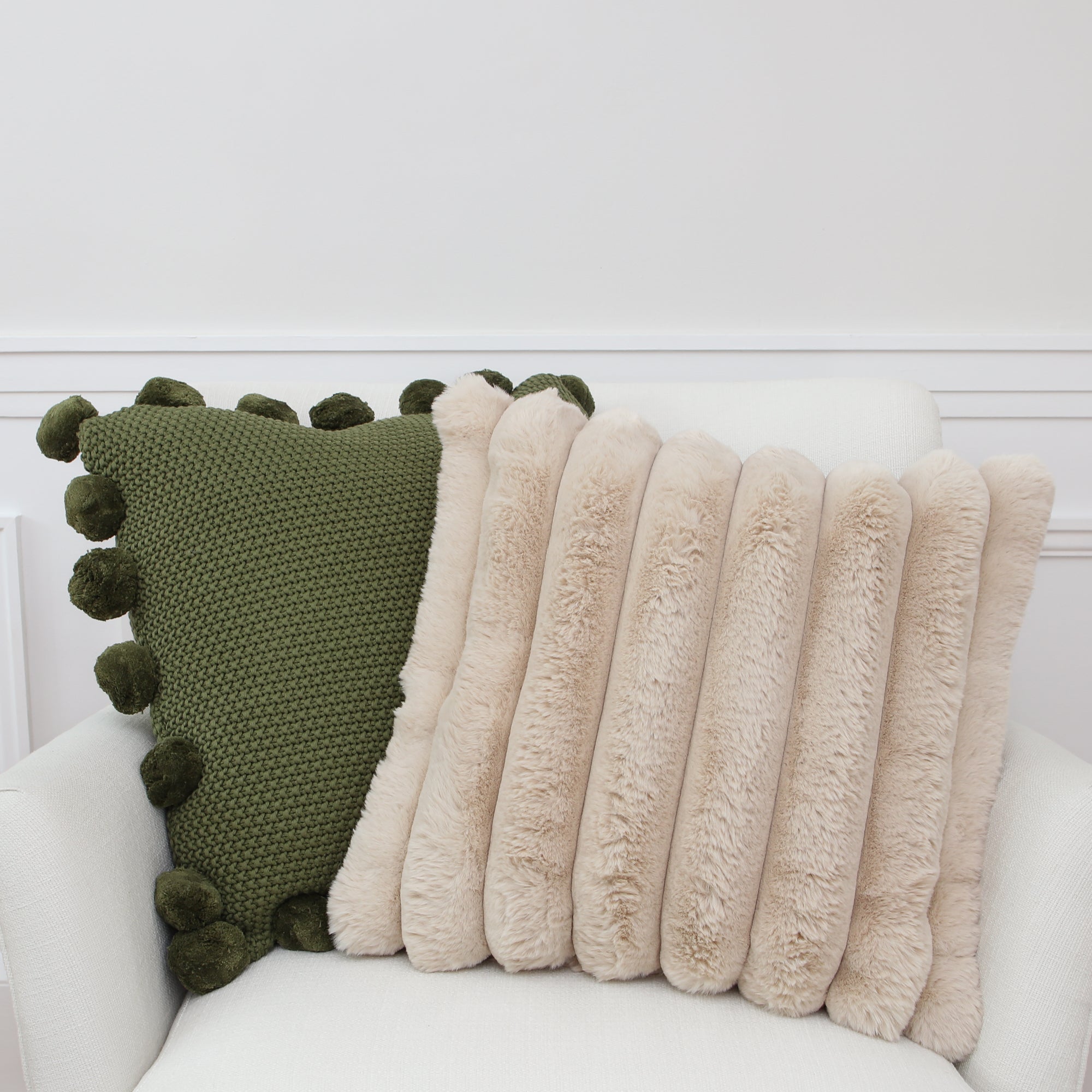 Green Knit Pillow with Pompom Trim