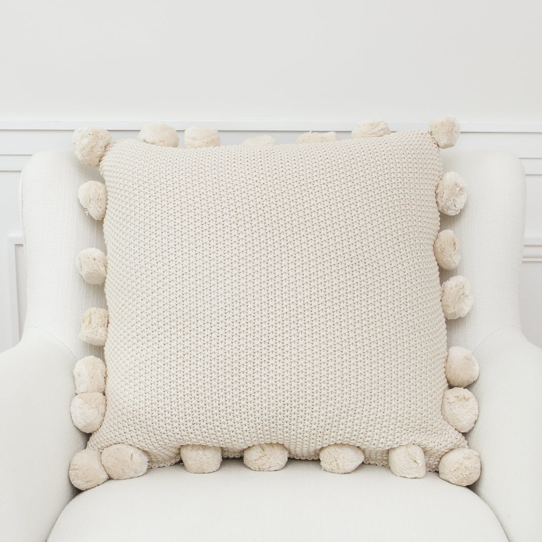 Cream Knit Pillow with Pompom Trim
